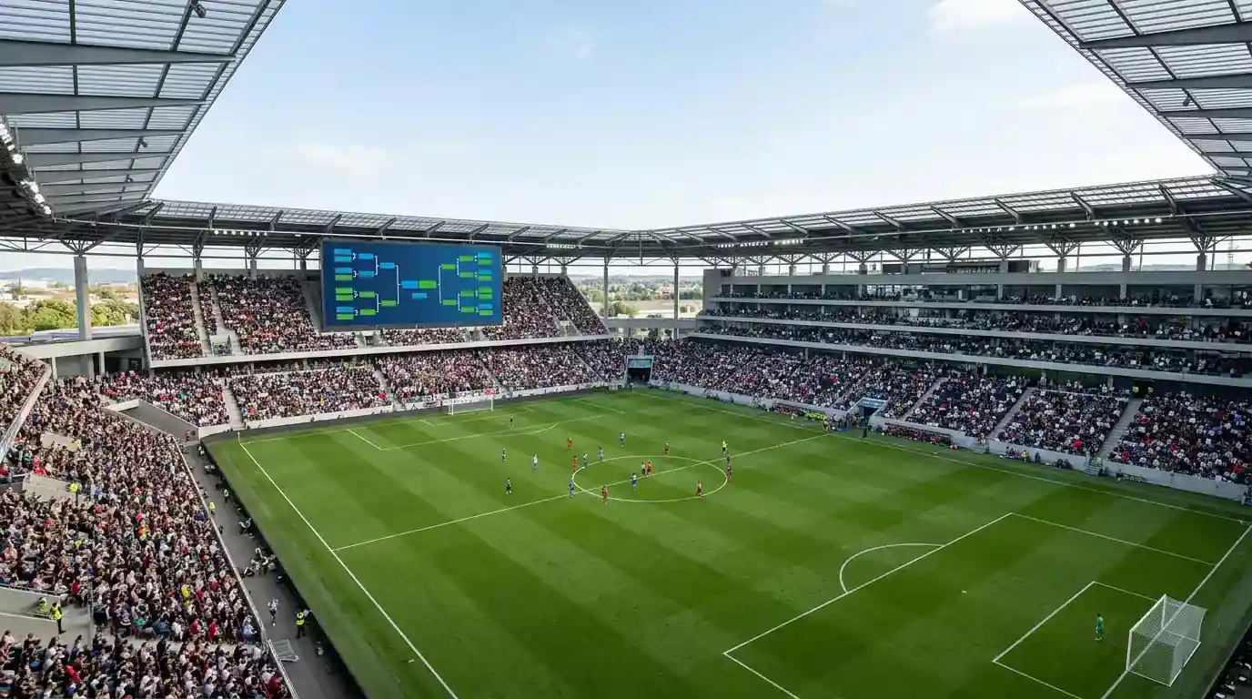 Turniertafel im Stadion mit dem K.-o.-Bracket der WM 2026