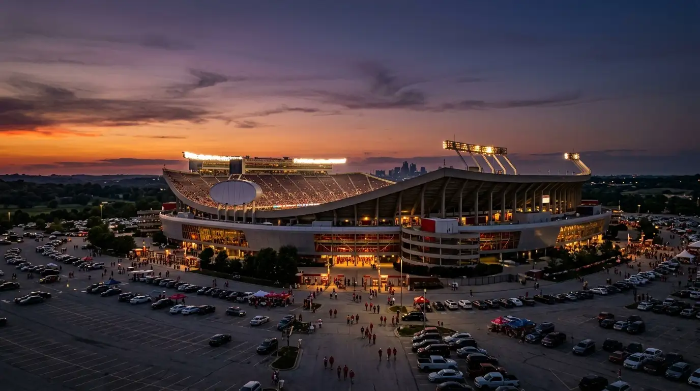 Außenansicht des Arrowhead Stadium in Kansas City am späten Abend mit warmem Sonnenuntergang über dem Mittleren Westen