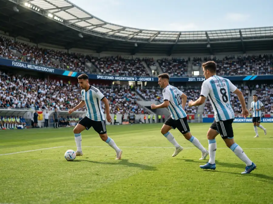 Argentinische Nationalspieler feiern ein Tor in hellblau-weißen Trikots