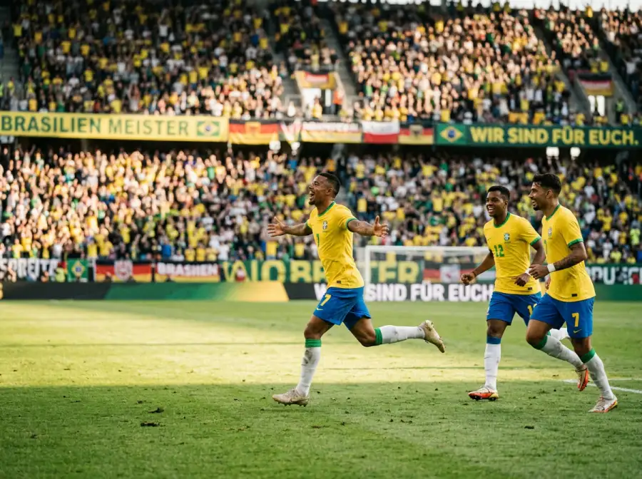 Brasilianische Nationalspieler in gelben Trikots vor einem Stadionhintergrund