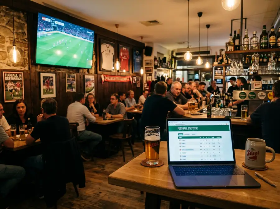 Österreichische Sportwetten-Umgebung mit Quoten-Tafel und Laptop