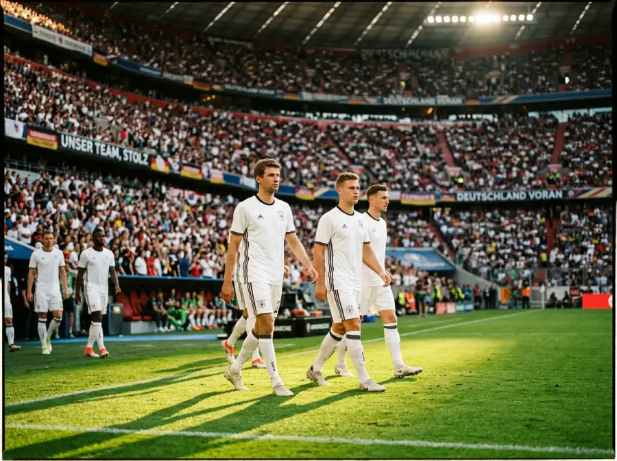 Spieler der deutschen Nationalelf in weißen Trikots auf dem Spielfeld
