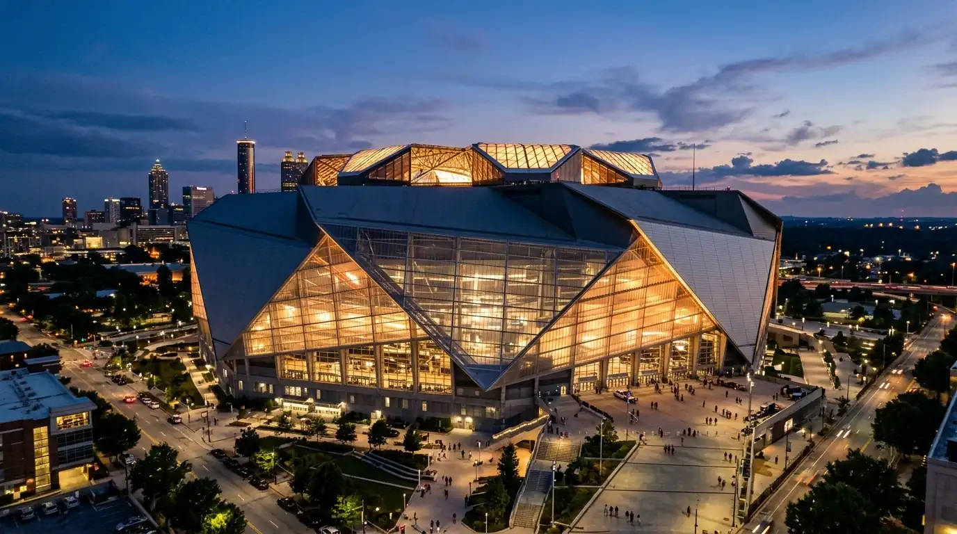 Weitwinkelaufnahme des Mercedes-Benz Stadiums in Atlanta mit dem markanten sternförmigen Dach bei Abenddämmerung