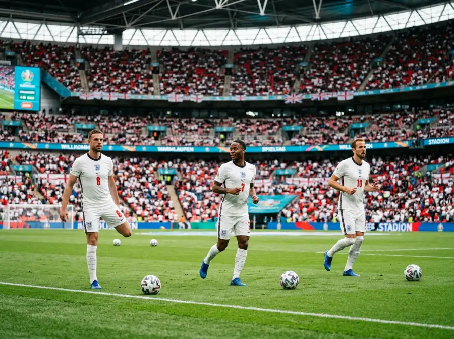 Englische Nationalspieler in weißen Trikots beim Aufwärmen vor einem Spiel