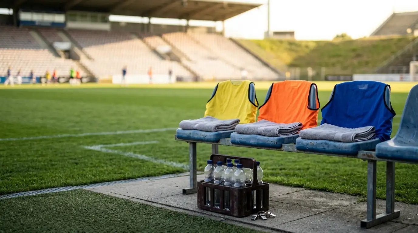 Nahaufnahme einer Trainerbank und leerer Ersatzspielertrikots am Spielfeldrand als Symbol für Rotation im kleinen Finale