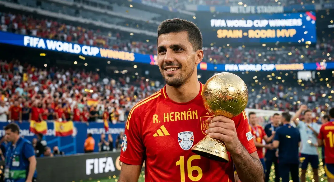 Rodri reckt den Goldenen Ball in die Höhe — Spaniens Kapitän nach dem WM-Triumph im MetLife Stadium