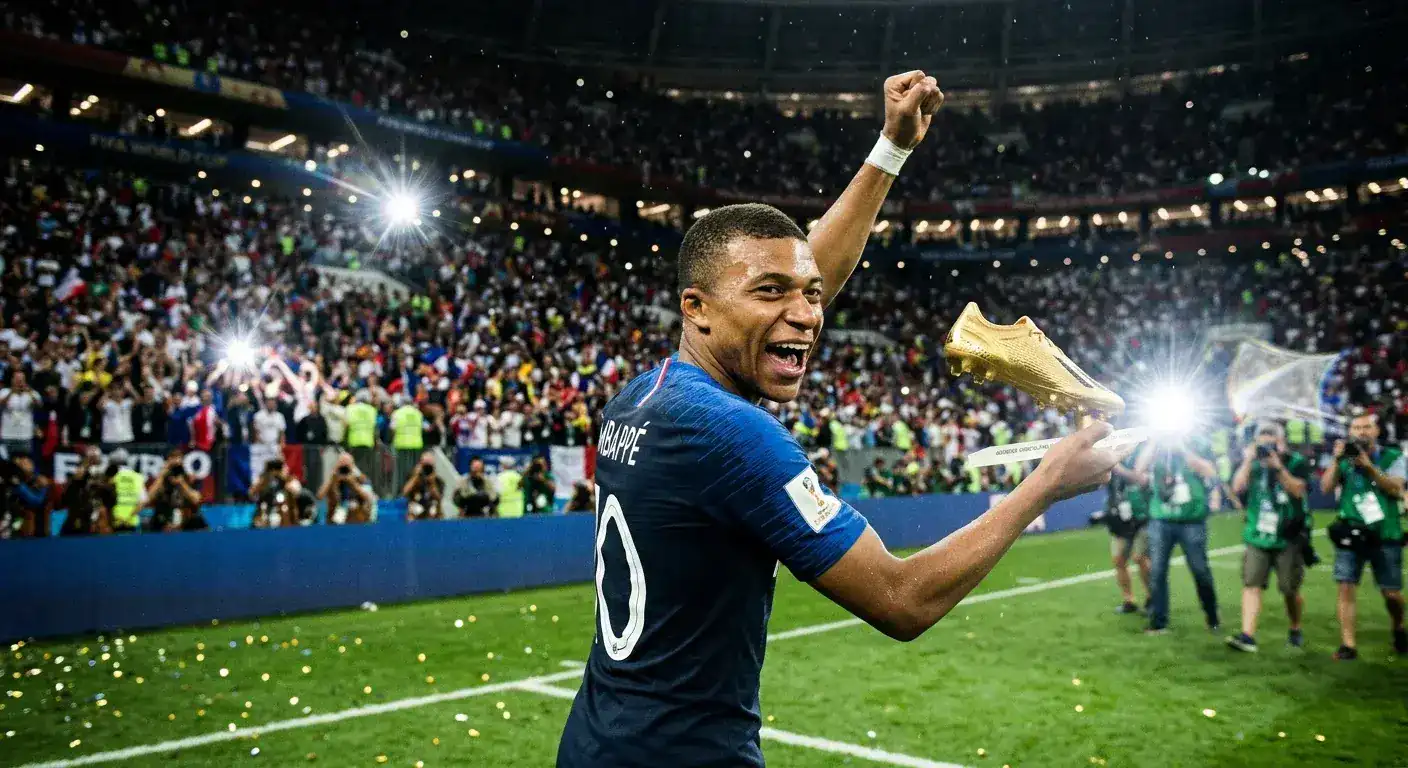 Kylian Mbappé im Frankreich-Trikot nach einem Tor — Jubelpose vor begeisterter Tribüne