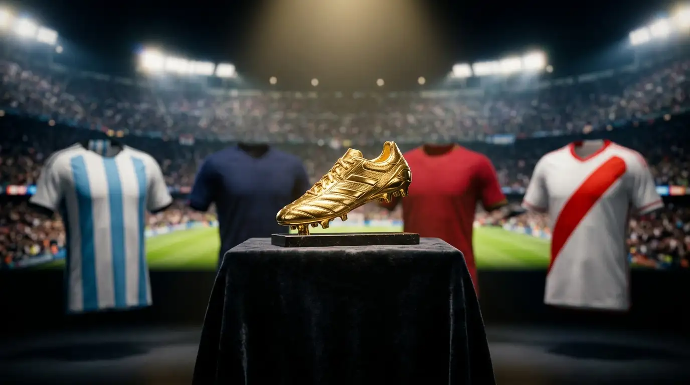 Stilleben-Foto des goldenen Golden-Boot-Pokals auf einem Sockel, im Hintergrund unscharf ein Stadion bei Flutlicht