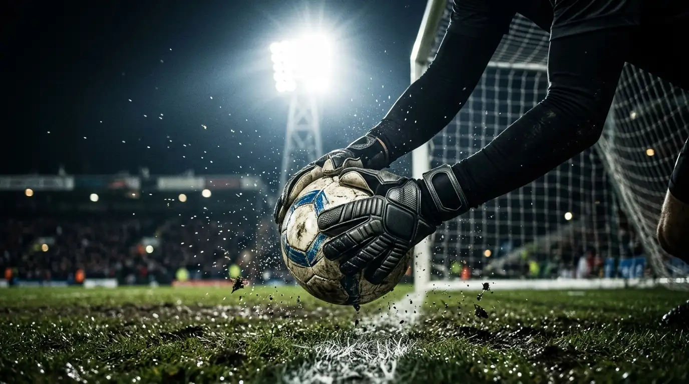 Torhüter-Nahaufnahme von Handschuhen, die einen Ball vor der Torlinie festhalten, im Gegenlicht eines Flutlichtmastes