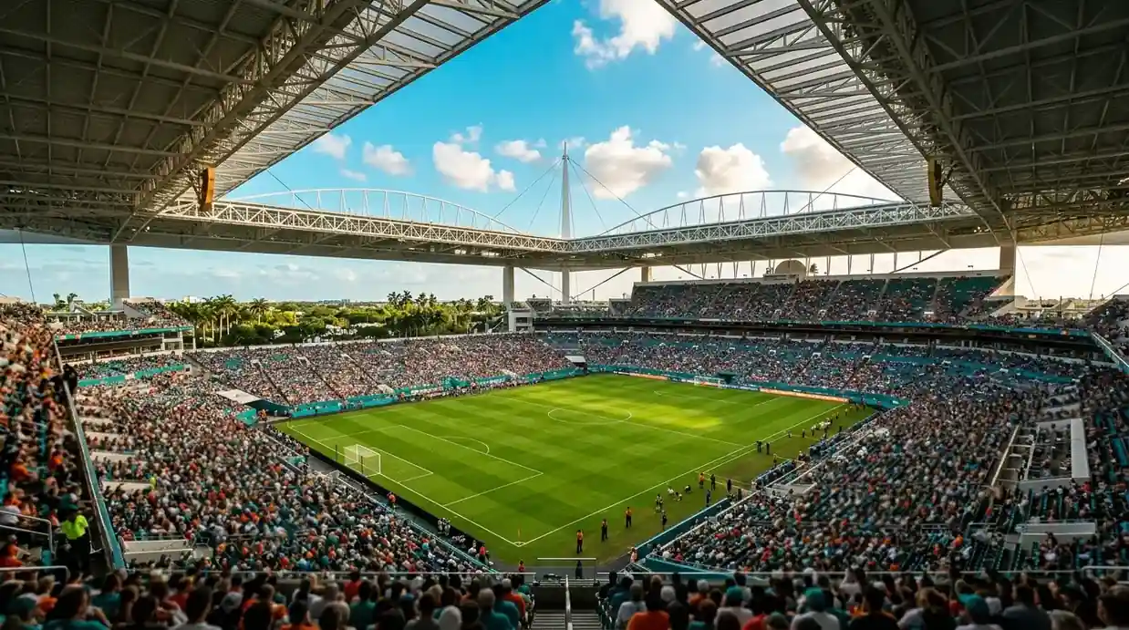 Innenansicht des Hard Rock Stadium in Miami Gardens am späten Nachmittag mit tropischer Atmosphäre