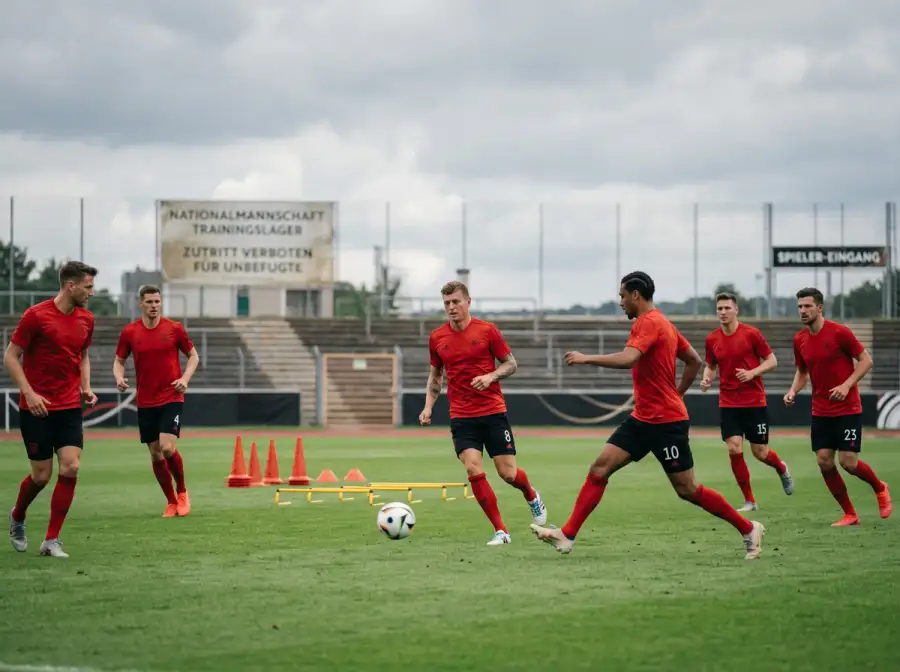 Spieler einer Nationalmannschaft in roten Trikots beim Mannschaftstraining auf dem Rasen vor einem Testspiel