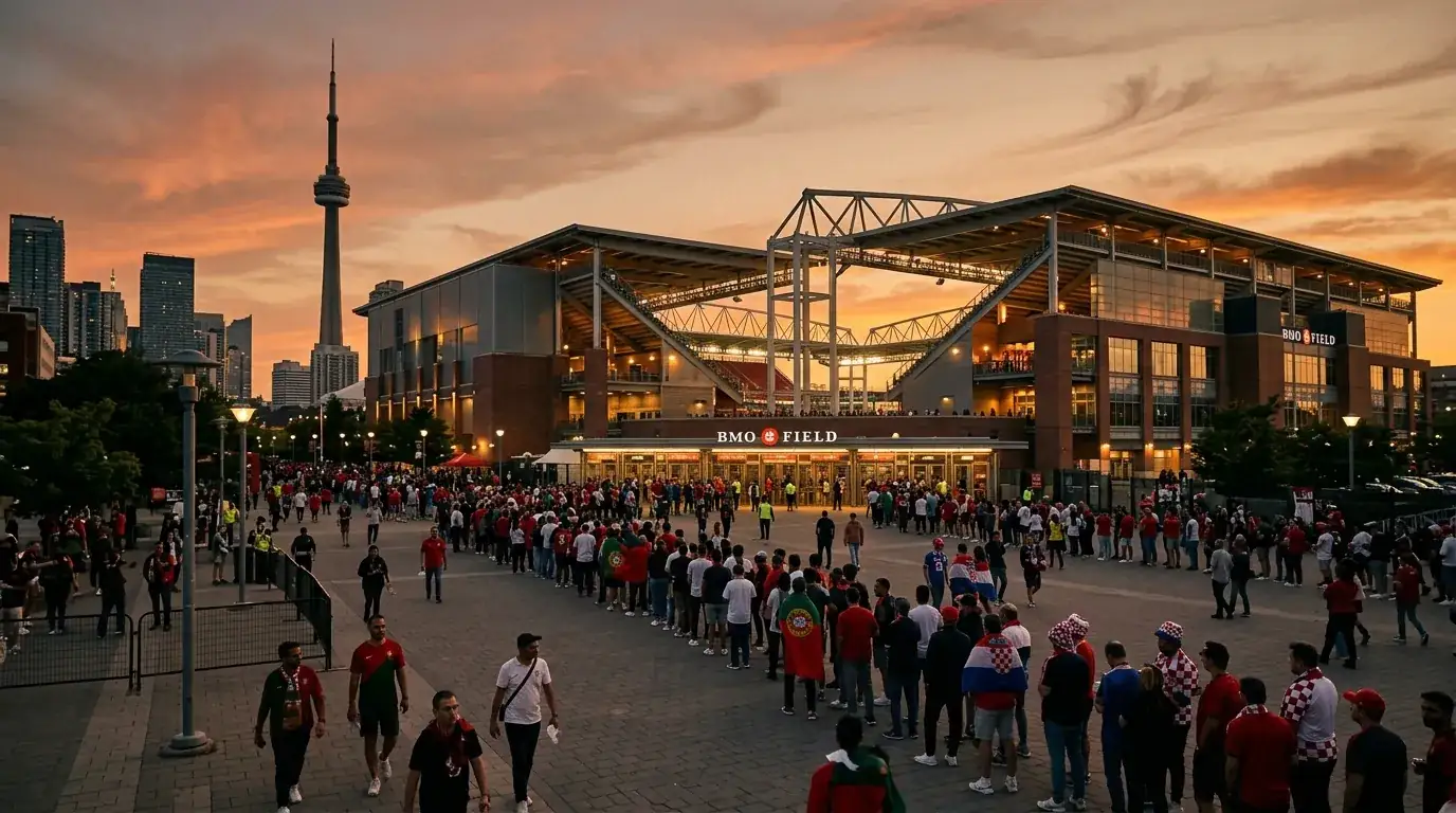 Panorama des BMO Field in Toronto bei Abenddämmerung vor dem R32-Duell Portugal gegen Kroatien