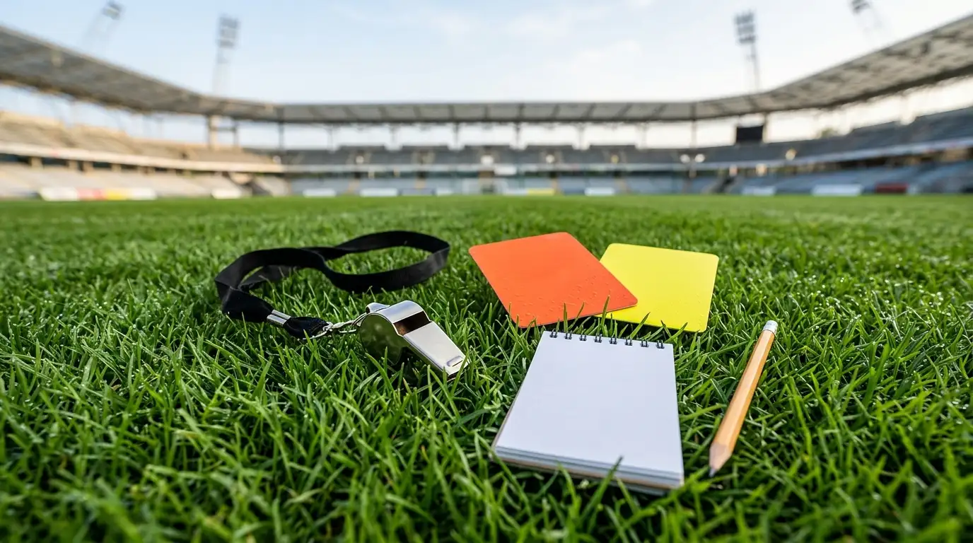 Schiedsrichterpfeife, gelbe und rote Karte sowie Notizblock auf dem grünen Rasen eines Stadions