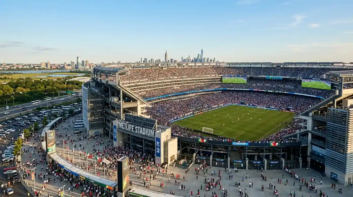 Weitwinkelaufnahme des MetLife Stadium in East Rutherford bei New York unter klarem Abendhimmel vor dem WM-Finale