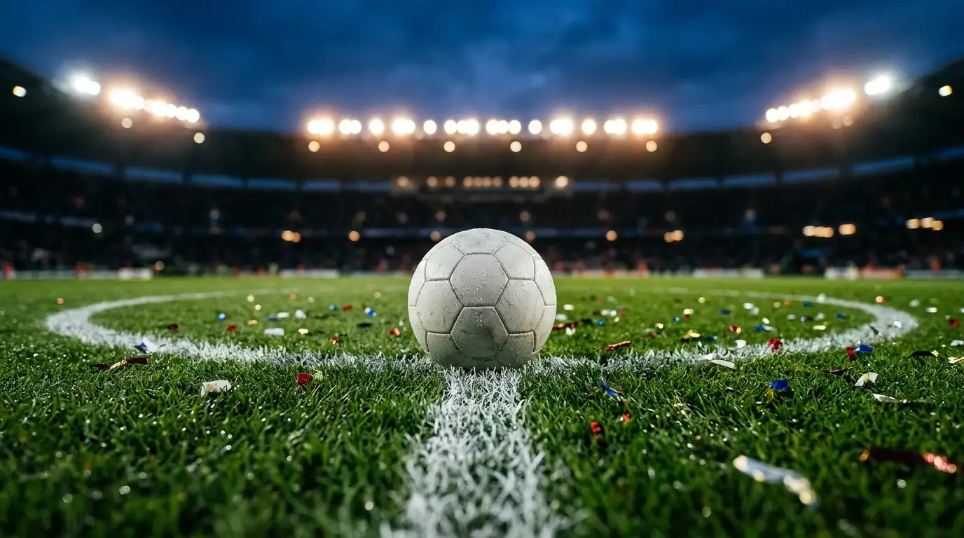 Nahaufnahme des Anstoßpunkts eines Fußballrasens mit Flutlicht und Konfetti-Resten als Symbol für ein WM-Endspiel