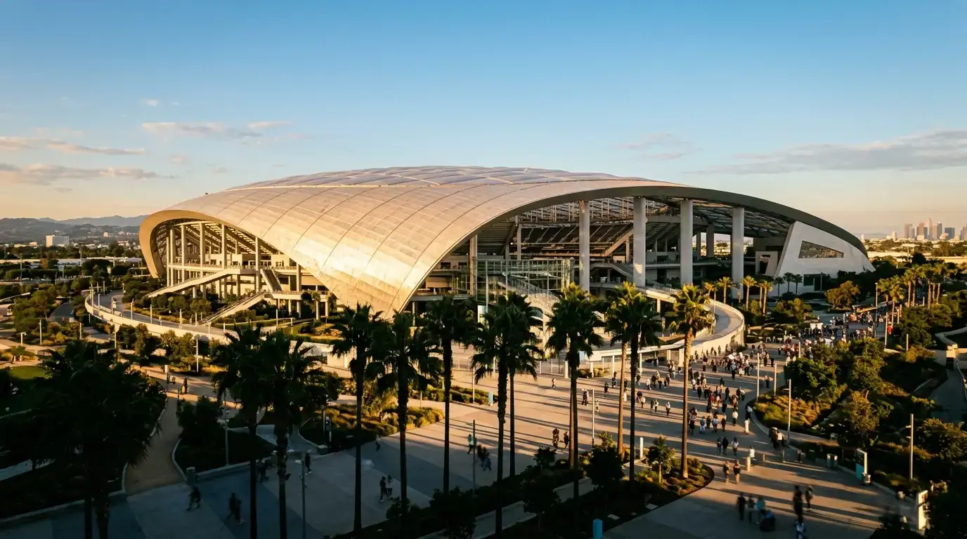 Weitwinkel-Aufnahme des SoFi Stadiums in Inglewood am späten Nachmittag mit Sonnenschein über Los Angeles