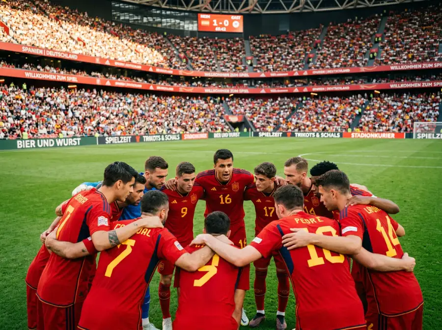 Spanische Nationalspieler in roten Trikots bei einer Teambesprechung