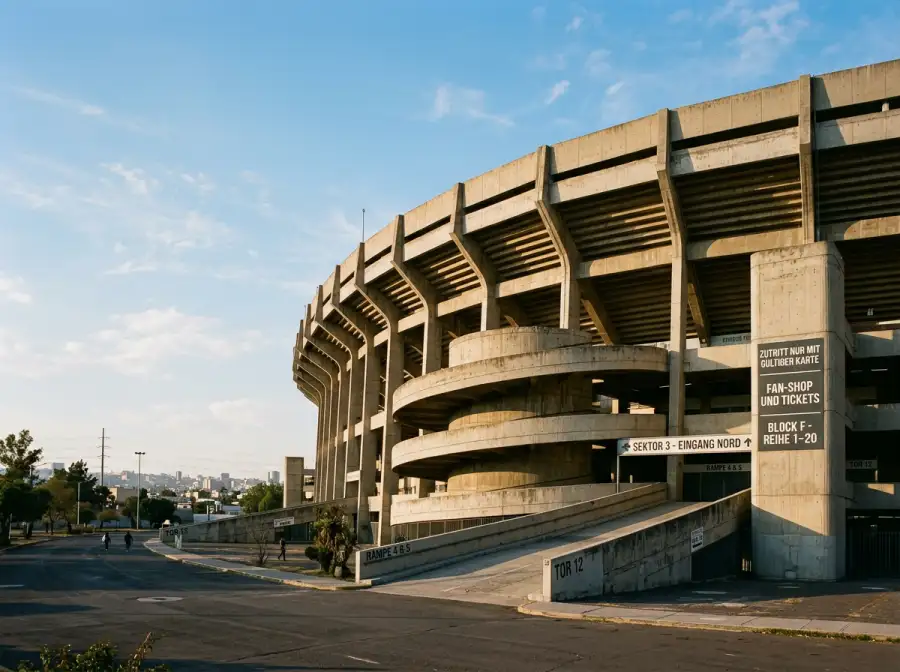Außenansicht des Estadio Azteca in Mexiko-Stadt mit seiner charakteristischen Bogenarchitektur und gefüllten Rängen