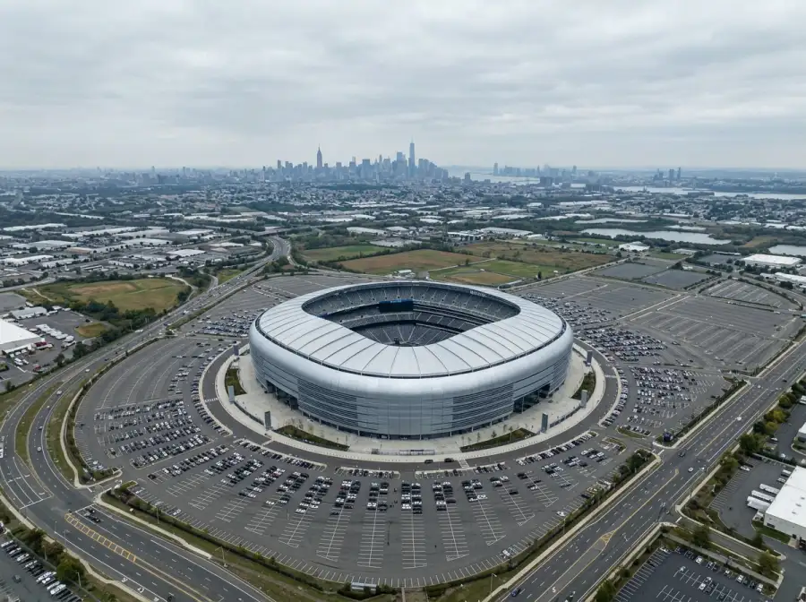 Luftaufnahme des MetLife Stadium in East Rutherford bei New York mit dem geschwungenen Dach und dem umliegenden Parkplatz