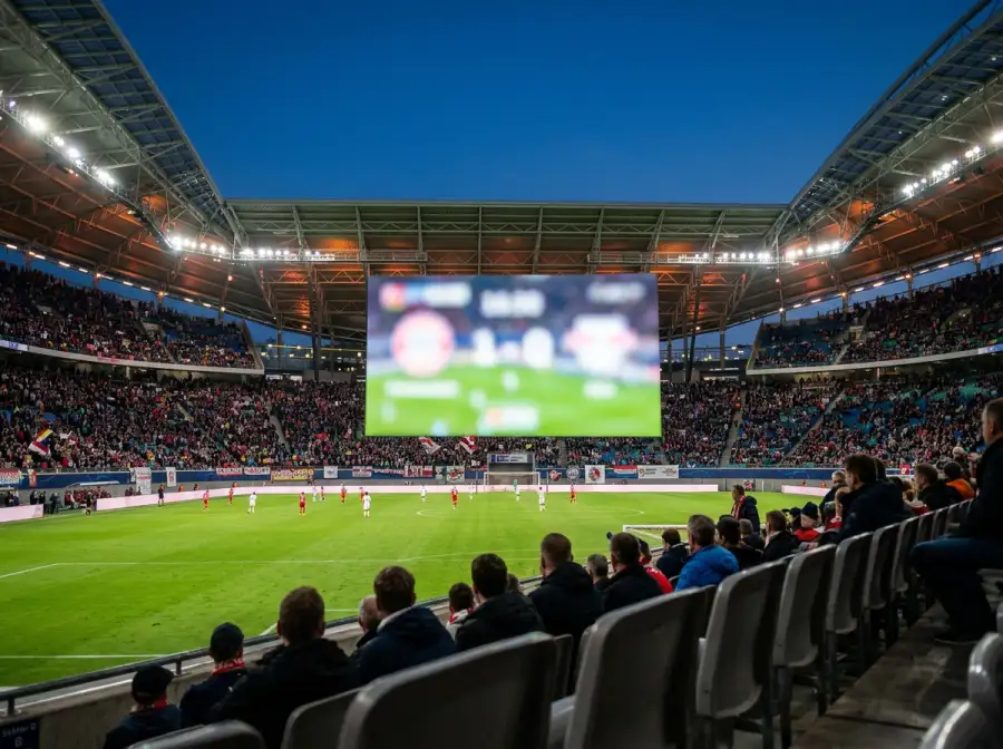 Blick von der Tribüne auf die große Anzeigetafel eines WM-Stadions während eines laufenden Fußballspiels mit vollen Rängen