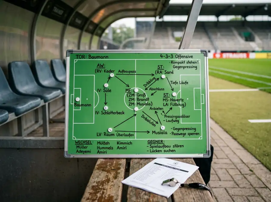 Taktiktafel mit Aufstellungsmagneten und Notizen auf der Trainerbank eines Fußballstadions vor Spielbeginn