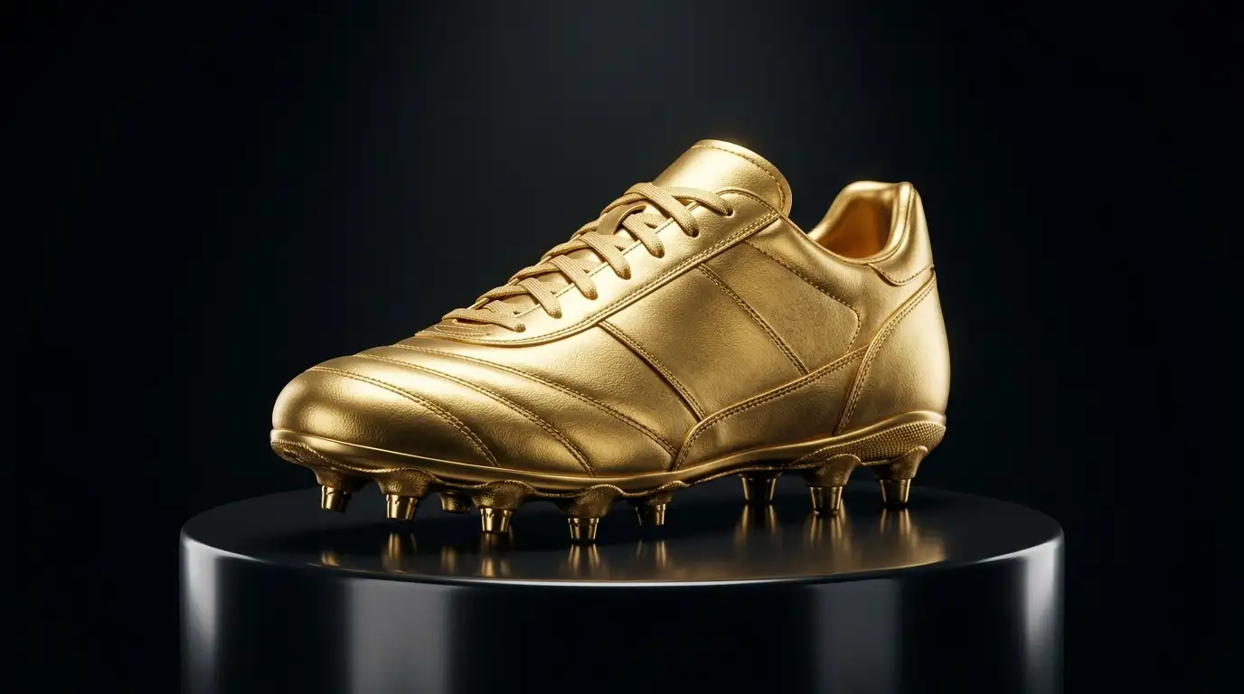 Goldener Fußballschuh als Auszeichnung auf einem dunklen Sockel unter fokussiertem Spotlicht