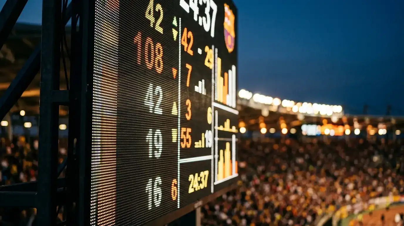 Anzeigetafel-Detail eines Fußballstadions mit Torzähler-Statistik in der Abenddämmerung
