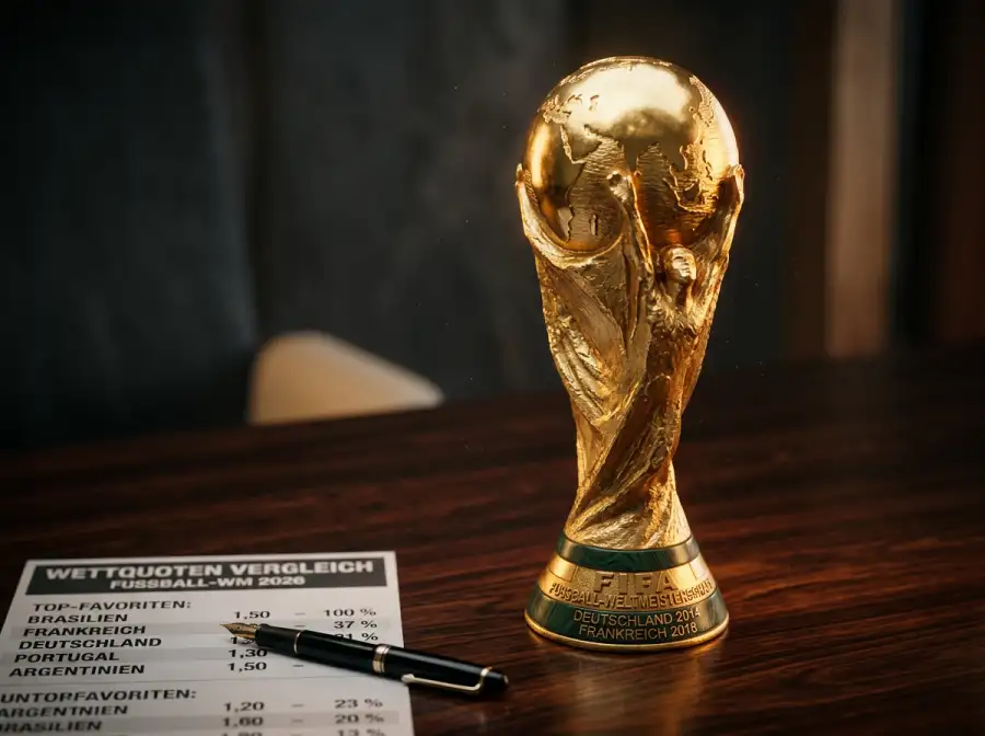 Pokal der Fußball-Weltmeisterschaft mit Quoten-Tabellen im Hintergrund