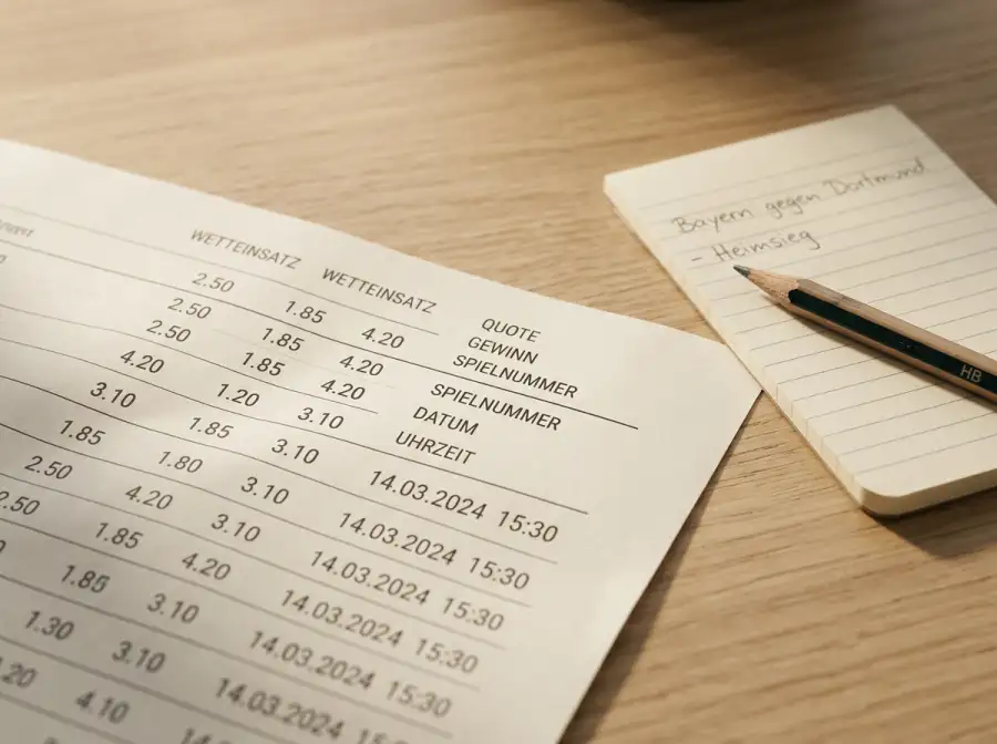 Wettschein mit Quoten zur Fußball-WM 2026 neben einem Taschenrechner und einem Notizblock