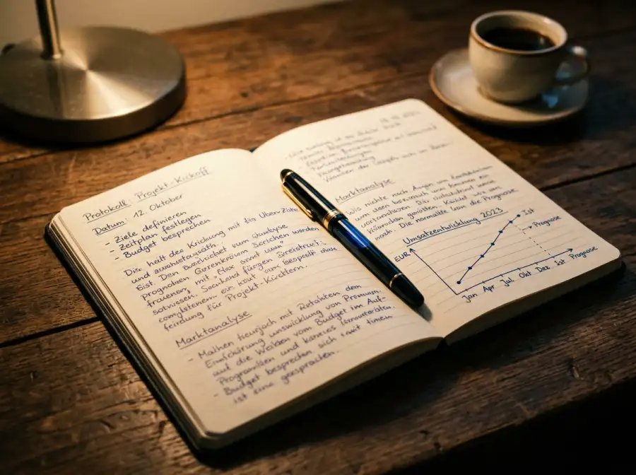 Aufgeschlagenes Notizbuch mit handschriftlichen Wettstrategien, einem Stift und einem Wettschein auf einem Holztisch