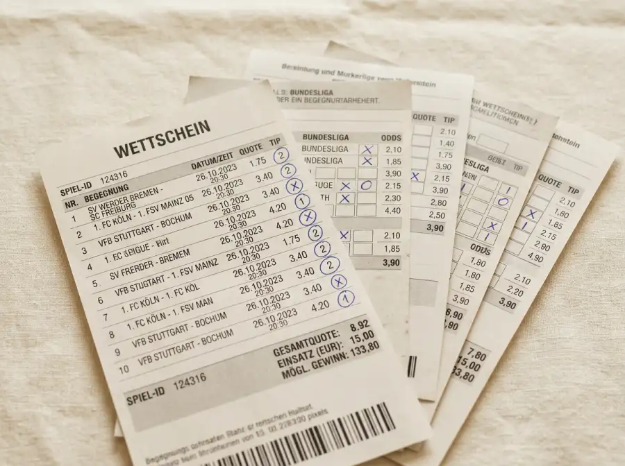 Übersicht verschiedener Wettarten auf einem Wettschein mit Quoten und Markierungen