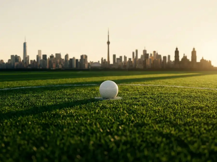 Silhouetten bekannter Wahrzeichen der WM-2026-Gastgeberländer USA, Kanada und Mexiko vor einem Fußballmotiv