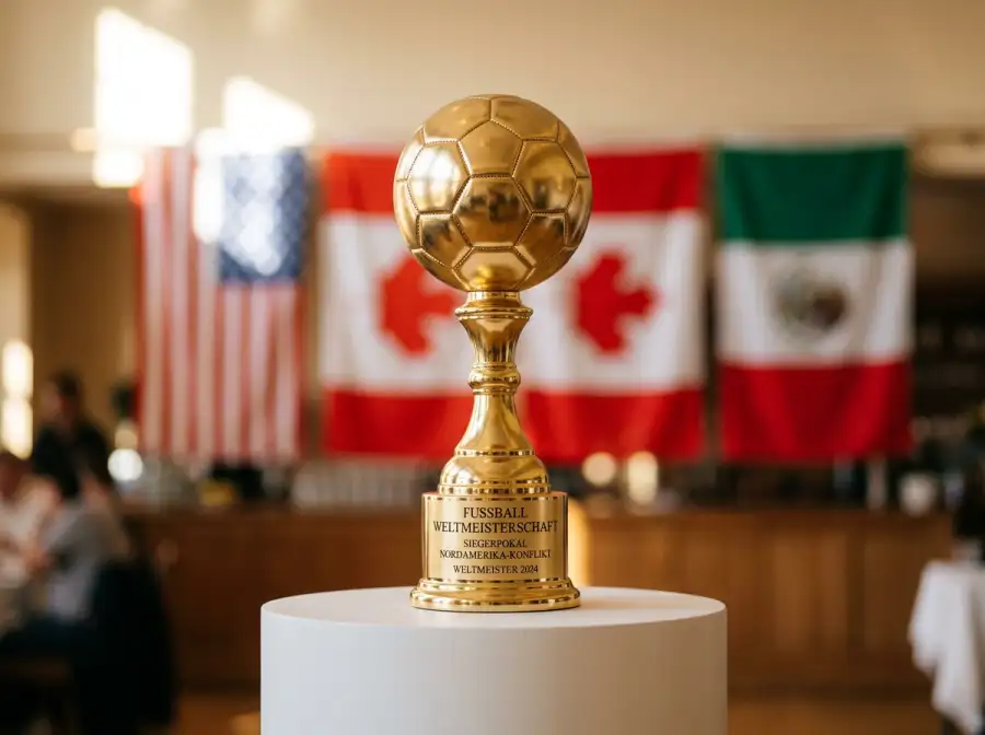 Drei WM-Pokale vor den Flaggen der USA, Kanadas und Mexikos als Symbol für die Fußball-Weltmeisterschaft 2026