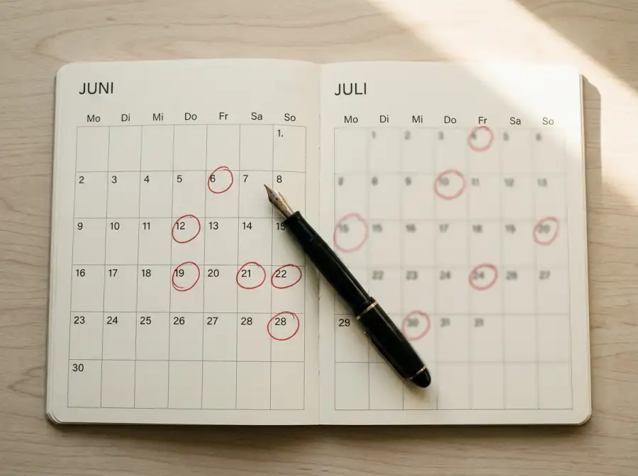 Kalenderübersicht der WM 2026 mit eingetragenen Spieltagen von Juni bis Juli