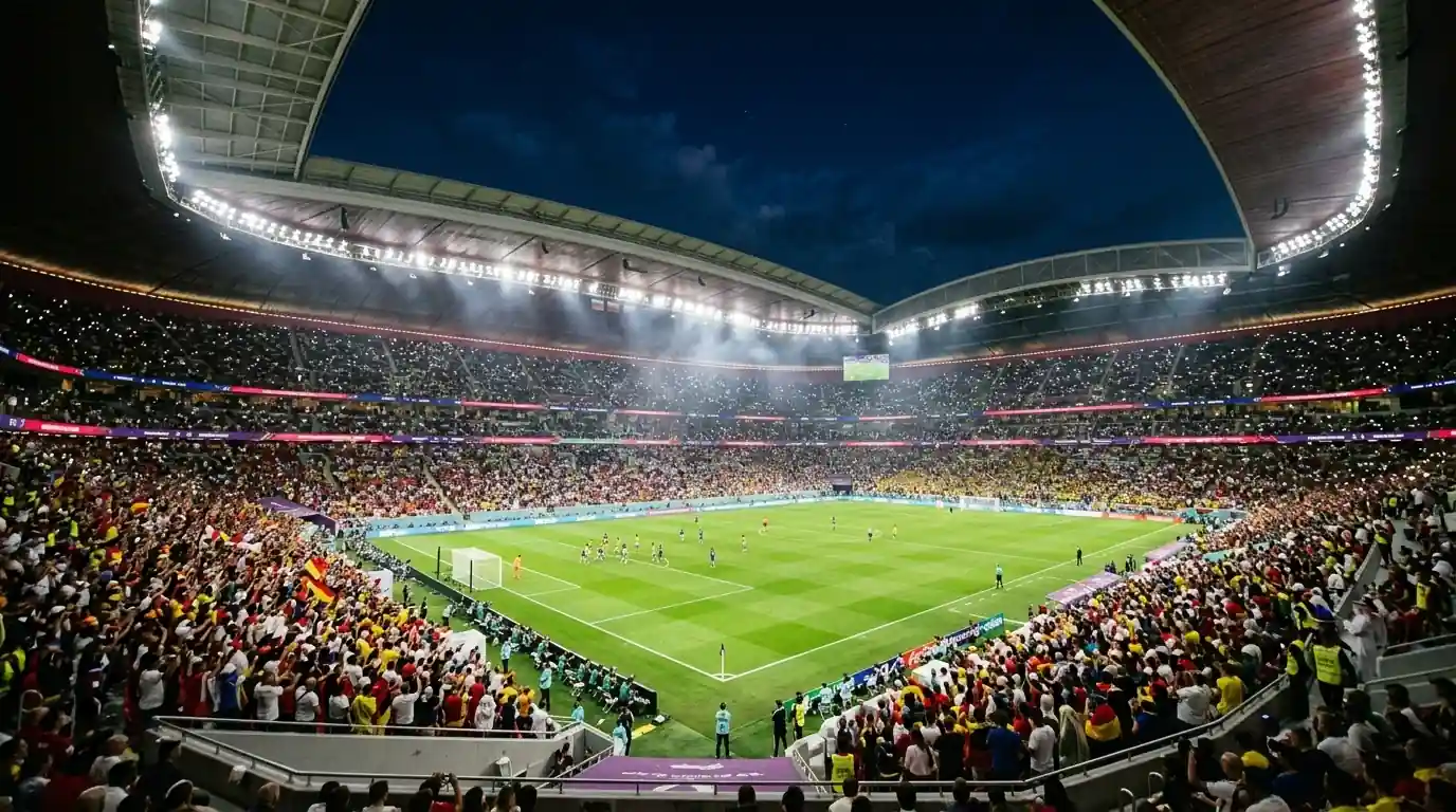 Ein hell erleuchtetes WM-Stadion bei Nacht mit dramatischem Flutlicht und gefüllten Rängen als Symbol für die Halbfinal-Phase