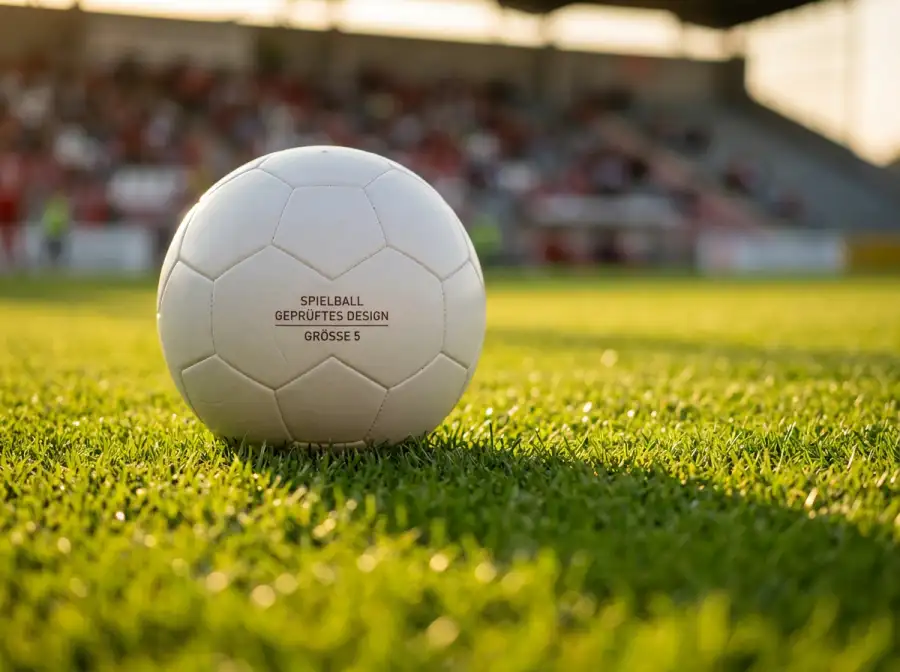 Offizieller Fußball-Spielball auf dem satten grünen Rasen eines WM-Stadions im warmen Abendlicht