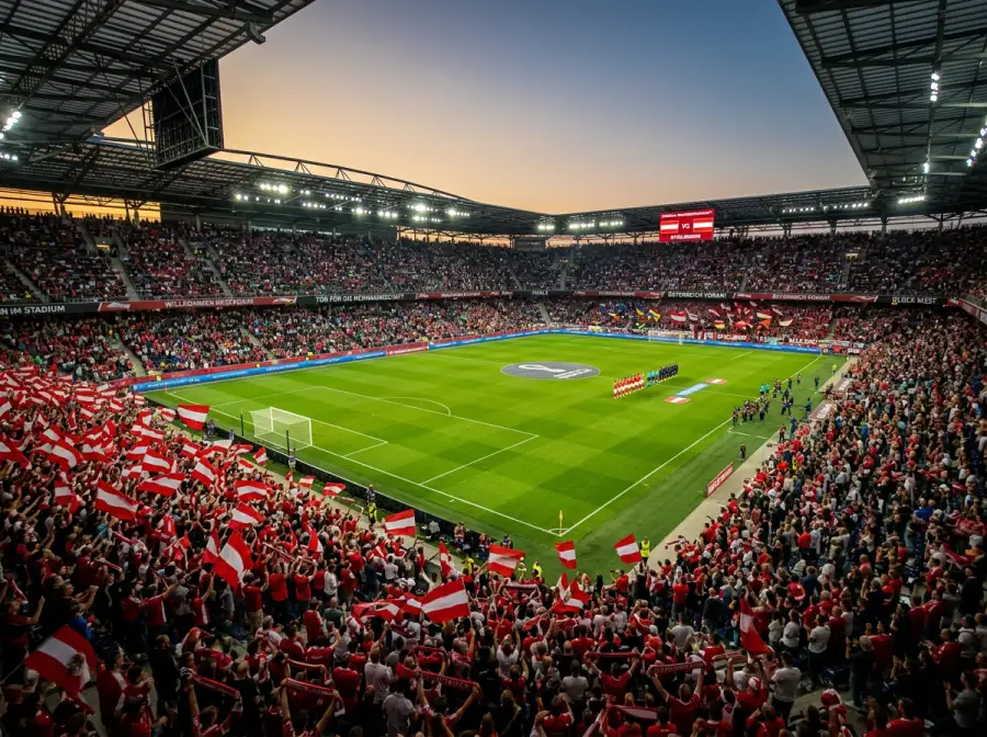 Panoramaaufnahme eines ausverkauften WM-Stadions bei Anpfiff mit rot-weiß-roten Fahnen auf den Rängen