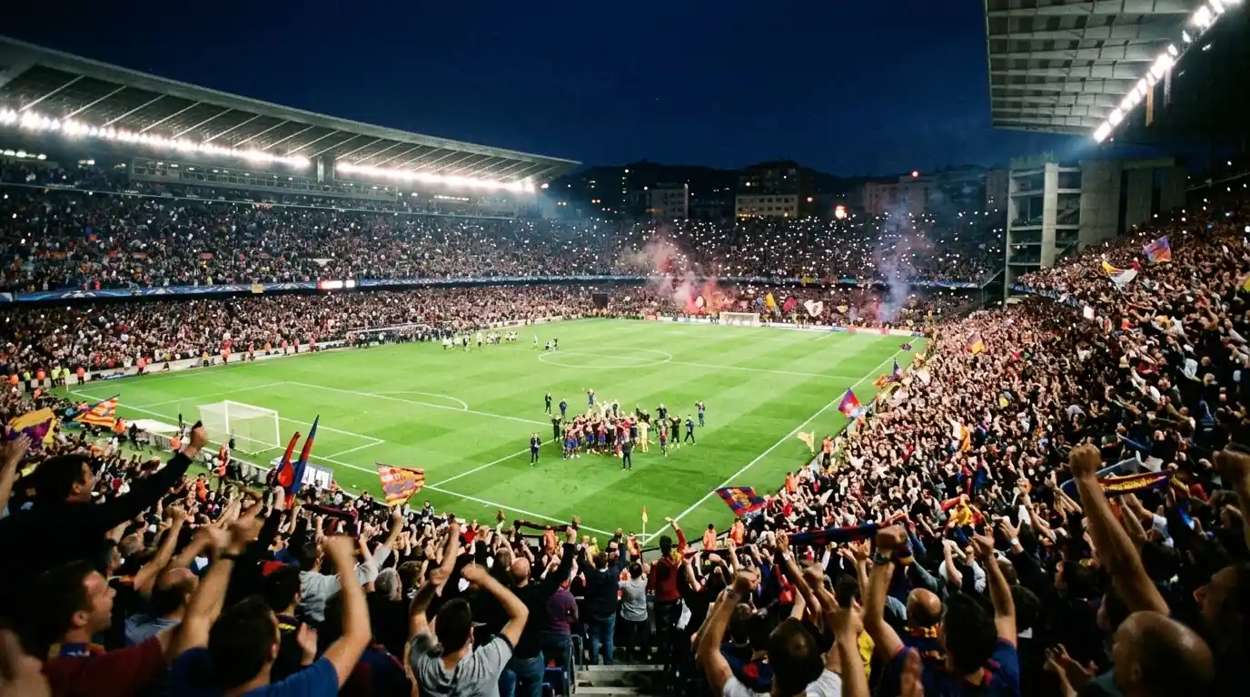 Nächtliche Weitwinkelaufnahme eines vollen WM-Stadions mit jubelnden Rängen nach einem Verlängerungs-Krimi