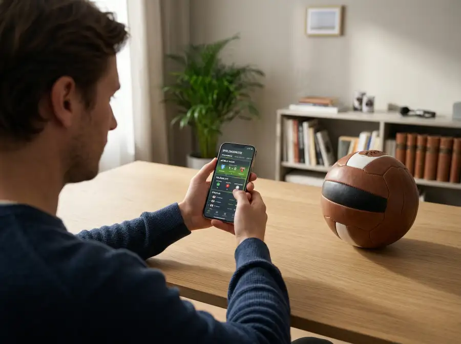 Tipper mit Smartphone vor einer Quoten-Übersicht auf dem Bildschirm