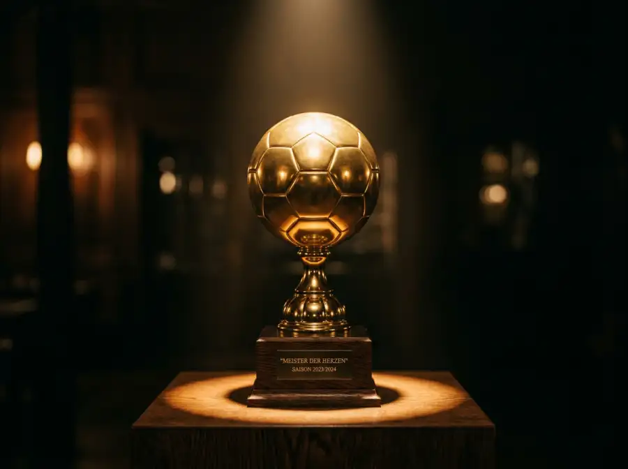 Goldener WM-Pokal auf einem Sockel vor einem unscharfen Hintergrund mit historischen Spielfeldern als Symbol für WM-Rekorde