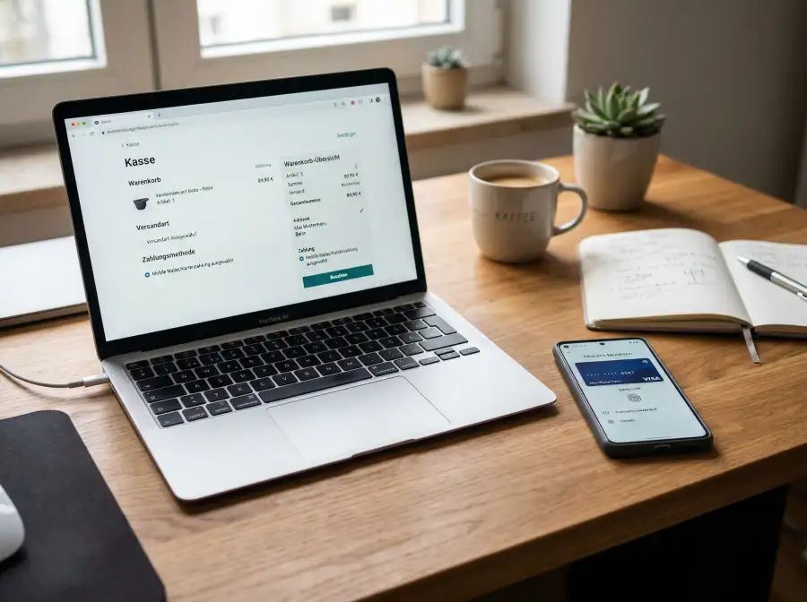 Laptop und Smartphone auf einem Schreibtisch bei einer Online-Bezahlung